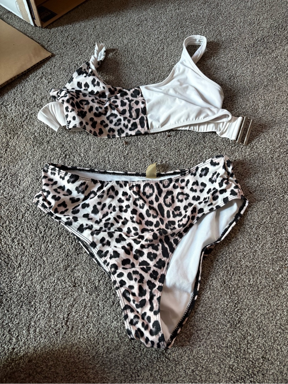 Leopard Print Two-Piece Bikini Set in White and Light Grey